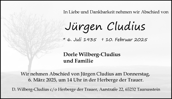 Traueranzeige von Jürgen Cludius von Idsteiner Land/Untertaunus