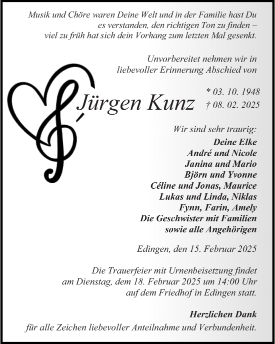 Traueranzeige von Jürgen Kunz von Wetzlarer Neue Zeitung