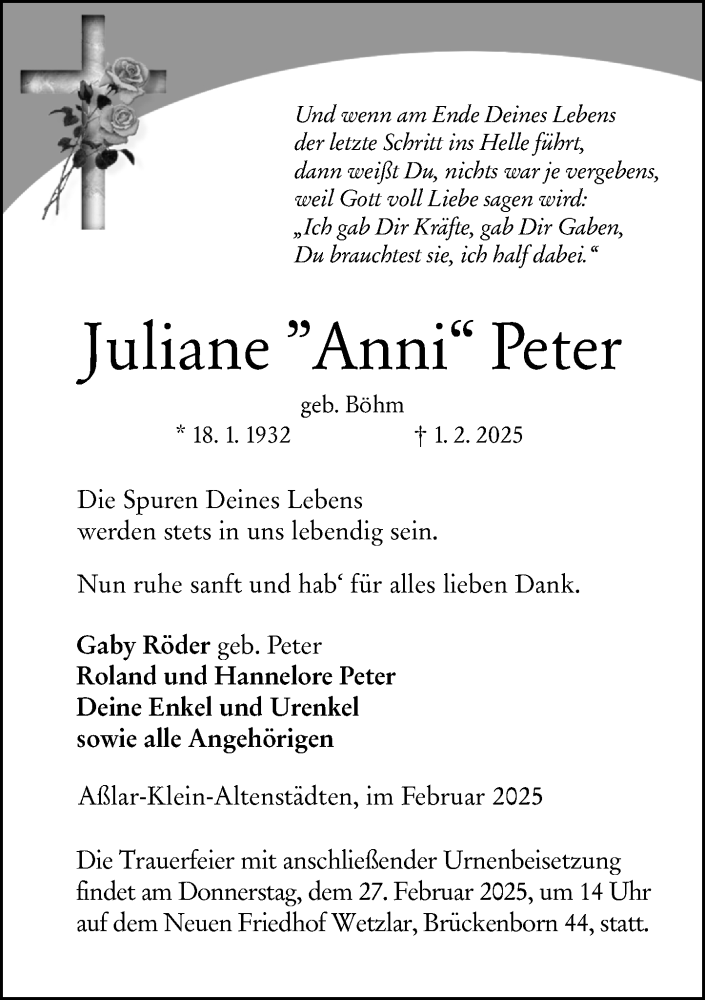  Traueranzeige für Juliane Peter vom 15.02.2025 aus Wetzlarer Neue Zeitung