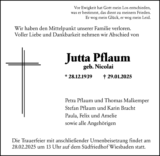 Traueranzeige von Jutta Pflaum von Wiesbadener Kurier