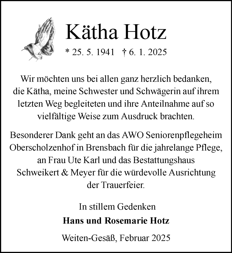  Traueranzeige für Kätha Hotz vom 08.02.2025 aus Odenwälder Echo