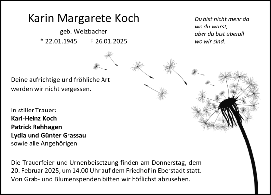 Traueranzeige von Karin Margarete Koch von Darmstädter Echo