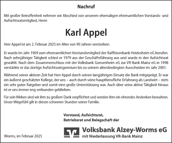 Traueranzeige von Karl Appel von Allgemeine Zeitung Rheinhessen-Nahe
