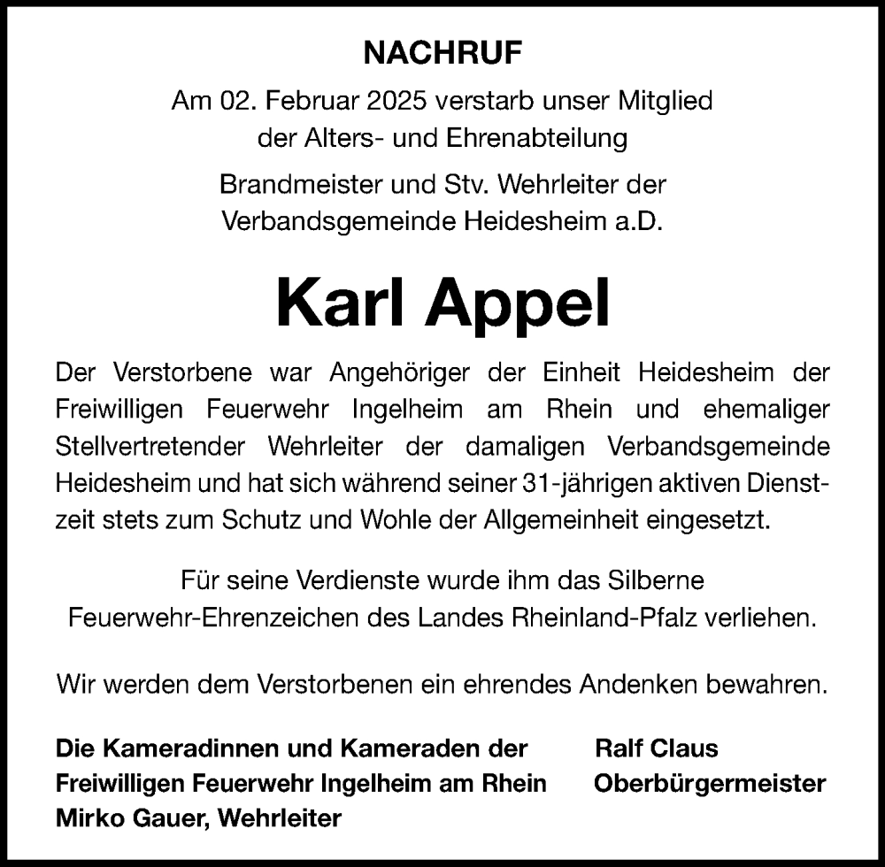  Traueranzeige für Karl Appel vom 15.02.2025 aus Allgemeine Zeitung Rheinhessen-Nahe