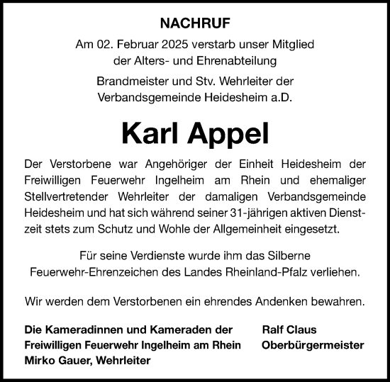 Traueranzeige von Karl Appel von Allgemeine Zeitung Rheinhessen-Nahe