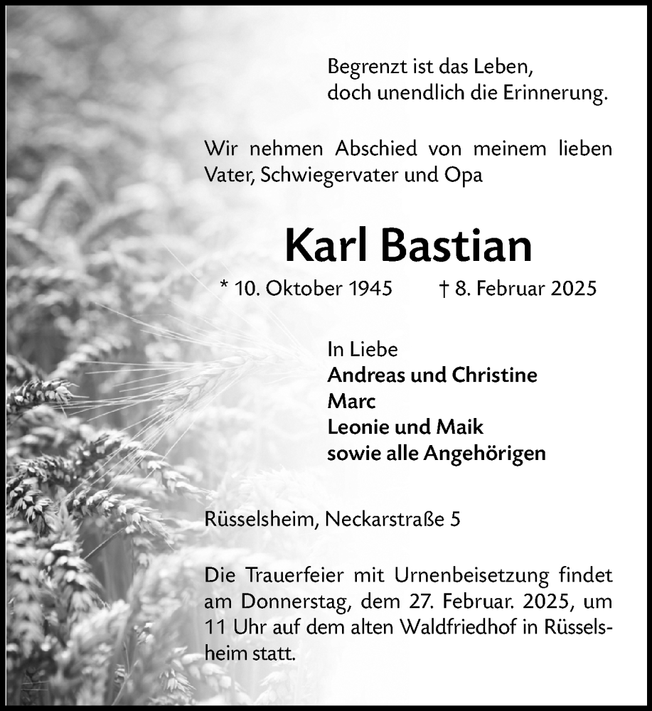  Traueranzeige für Karl Bastian vom 22.02.2025 aus Rüsselsheimer Echo