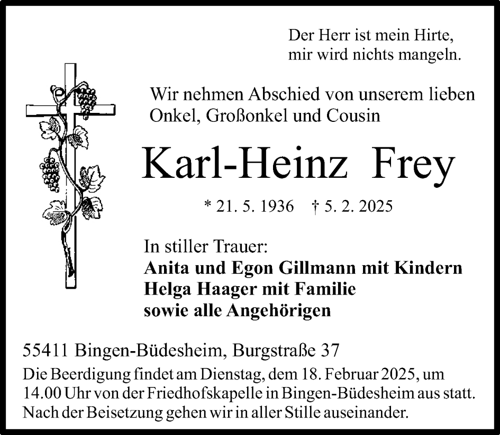  Traueranzeige für Karl-Heinz Frey vom 15.02.2025 aus Binger-/Ingelheimer Wochenblatt
