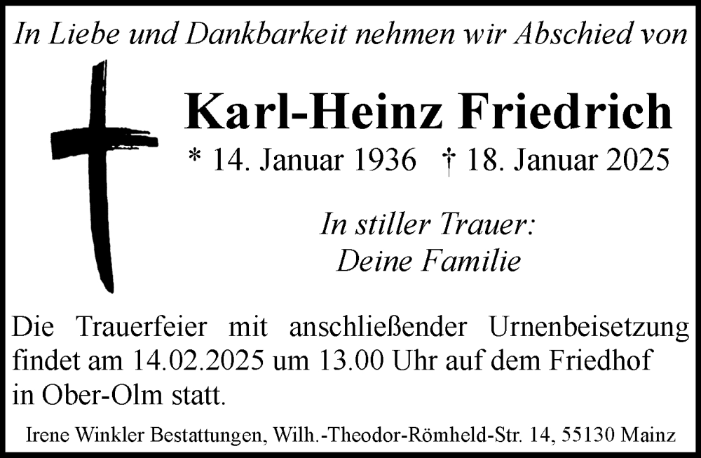  Traueranzeige für Karl-Heinz Friedrich vom 08.02.2025 aus Allgemeine Zeitung Mainz
