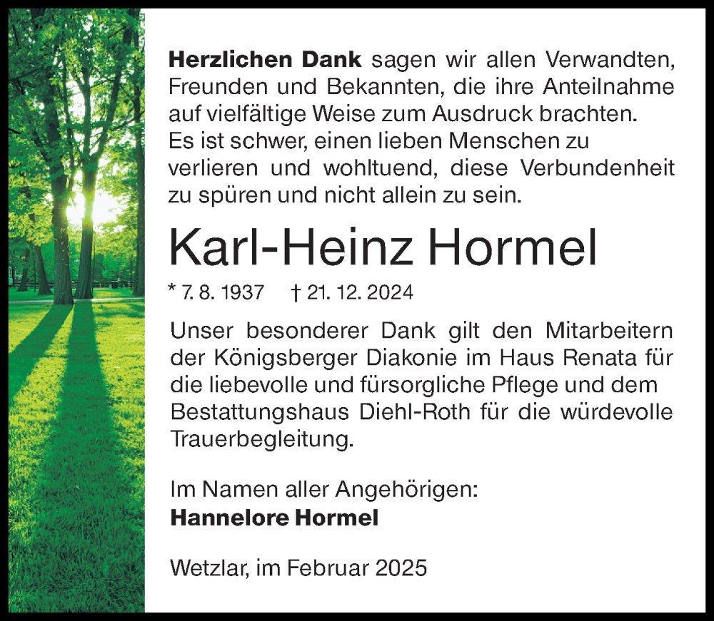  Traueranzeige für Karl-Heinz Hormel vom 01.02.2025 aus Wetzlarer Neue Zeitung