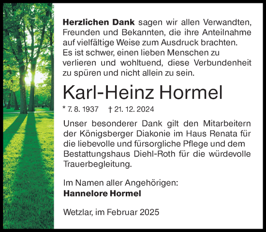 Traueranzeige von Karl-Heinz Hormel von Wetzlarer Neue Zeitung
