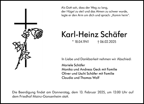 Traueranzeige von Karl-Heinz Schäfer von Allgemeine Zeitung Mainz