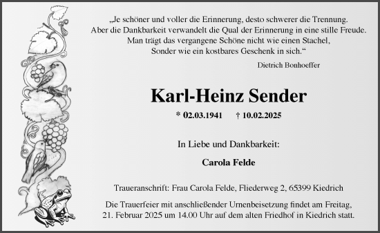 Traueranzeige von Karl-Heinz Sender von Wiesbadener Kurier
