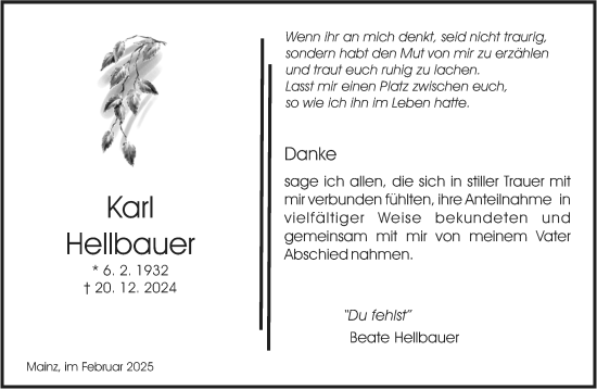 Traueranzeige von Karl Hellbauer von Allgemeine Zeitung Mainz