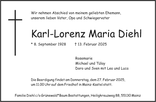 Traueranzeige von Karl-Lorenz Maria Diehl von Allgemeine Zeitung Mainz