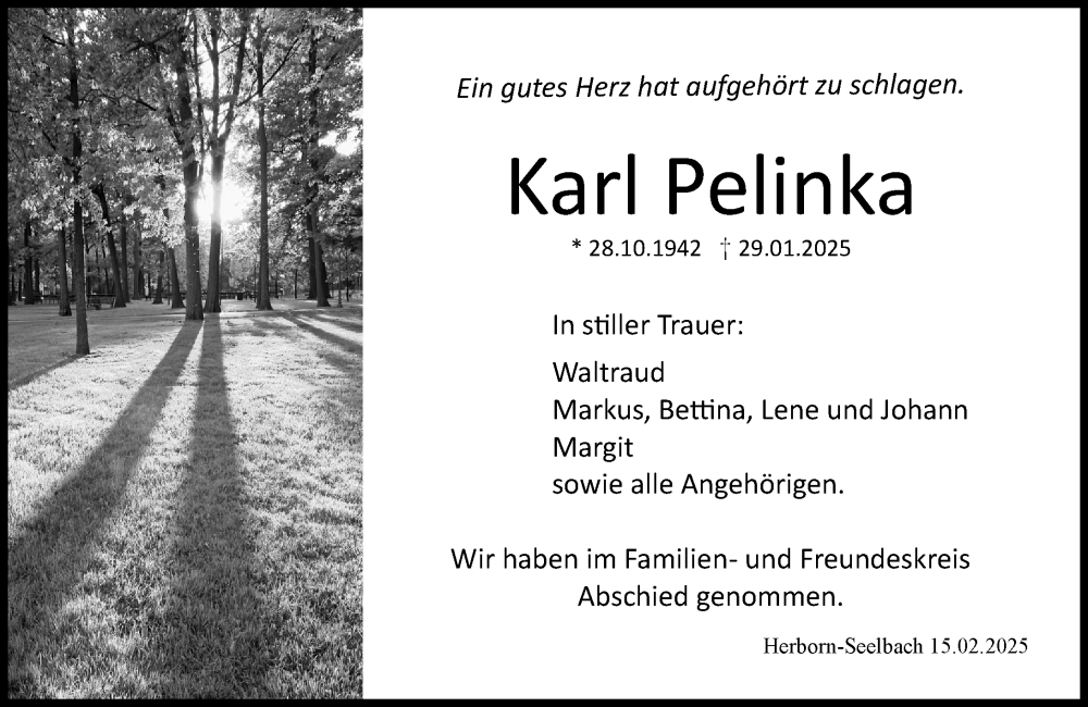 Traueranzeige für Karl Pelinka vom 15.02.2025 aus Dill Block