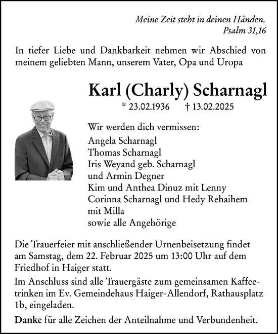 Traueranzeige von Karl Scharnagl von Dill Block