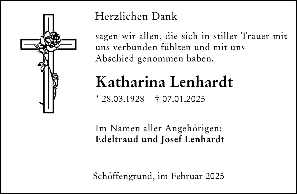  Traueranzeige für Katharina Lenhardt vom 22.02.2025 aus Wetzlarer Neue Zeitung