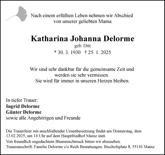 Traueranzeige von Katharina Johanna Delorme von Allgemeine Zeitung Mainz
