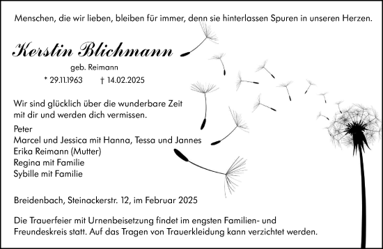 Traueranzeige von Kerstin Blichmann von Hinterländer Anzeiger