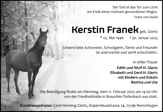Traueranzeige von Kerstin Franek von Wetzlarer Neue Zeitung