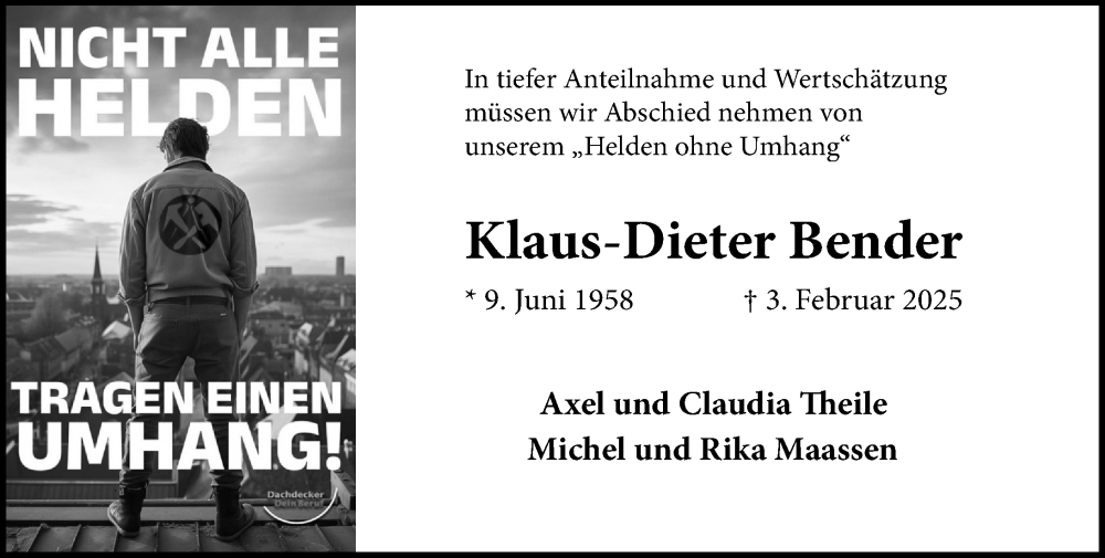  Traueranzeige für Klaus-Dieter Bender vom 08.02.2025 aus Wiesbadener Kurier