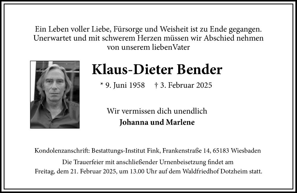  Traueranzeige für Klaus-Dieter Bender vom 08.02.2025 aus Wiesbadener Kurier