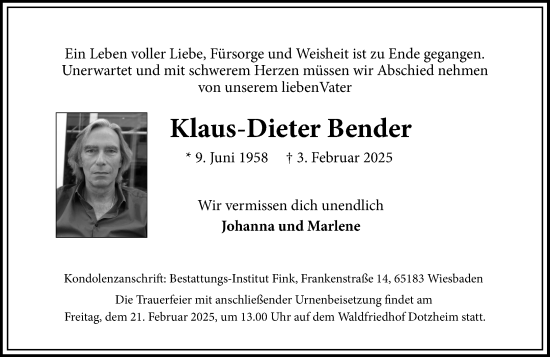 Traueranzeige von Klaus-Dieter Bender von Wiesbadener Kurier