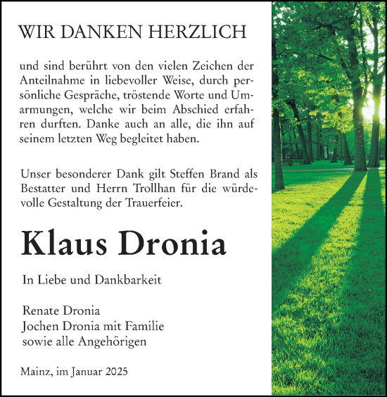 Traueranzeige von Klaus Dronia von Allgemeine Zeitung Mainz