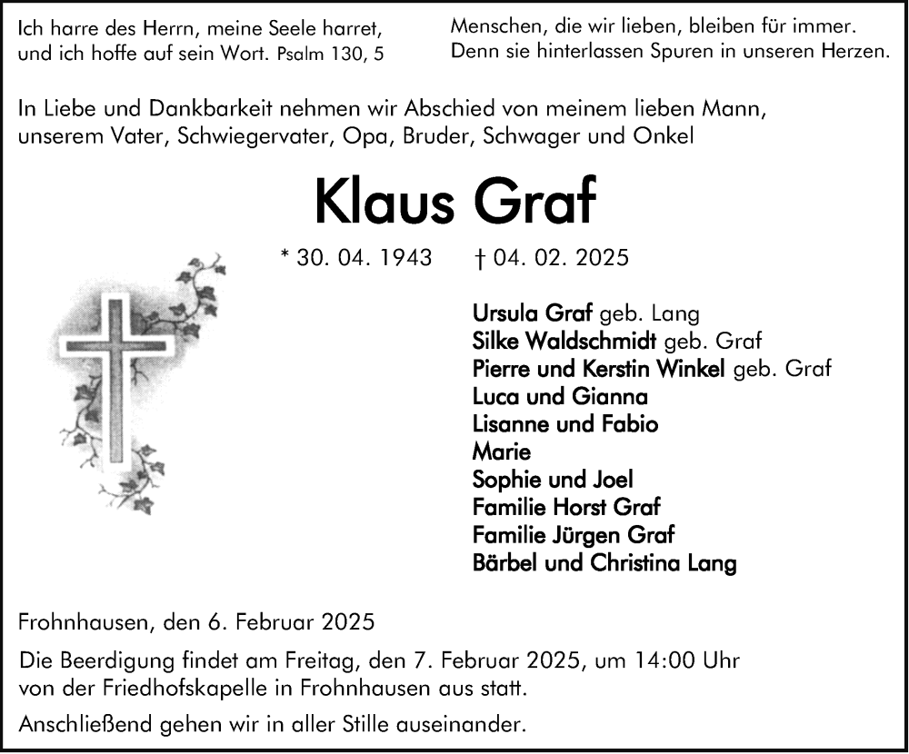  Traueranzeige für Klaus Graf vom 06.02.2025 aus Dill Block