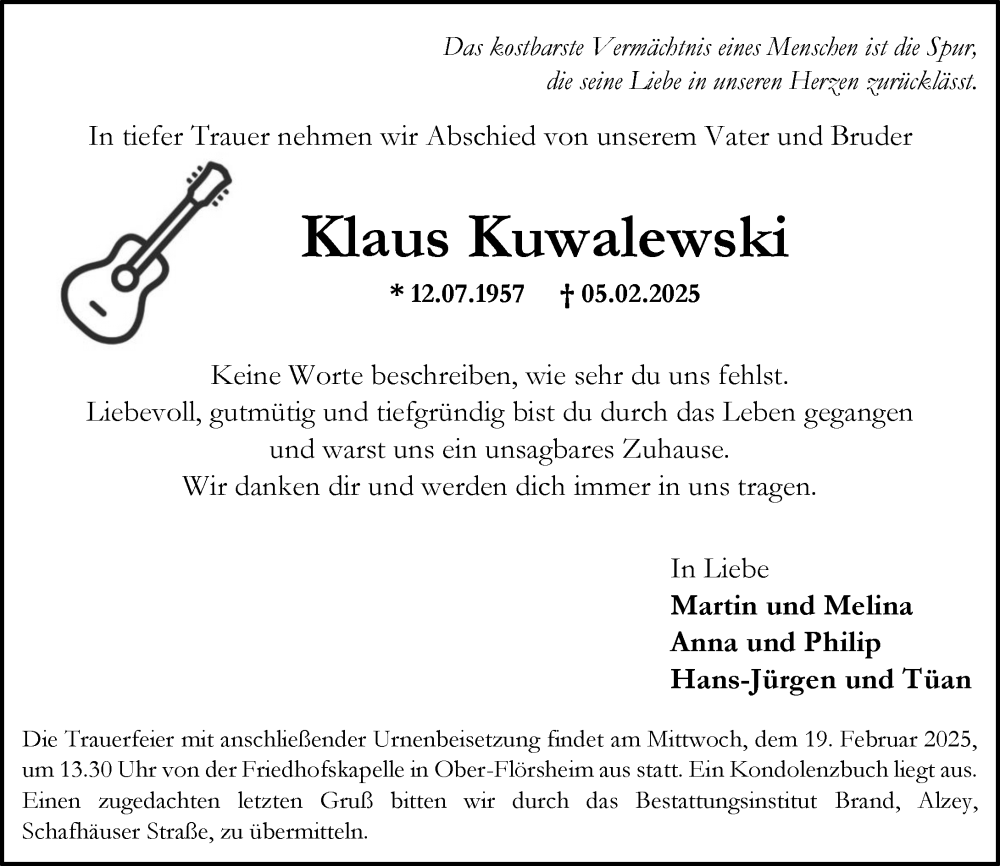  Traueranzeige für Klaus Kuwalewski vom 15.02.2025 aus Allgemeine Zeitung Alzey