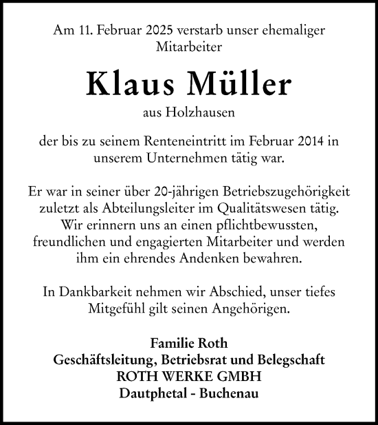 Traueranzeige von Klaus Müller von Hinterländer Anzeiger