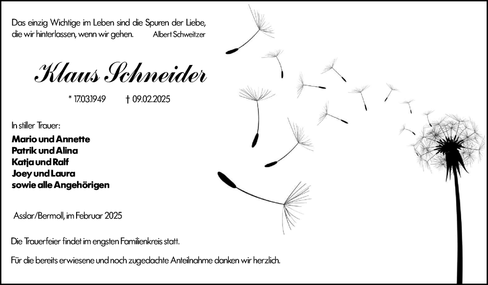  Traueranzeige für Klaus Schneider vom 13.02.2025 aus Wetzlarer Neue Zeitung
