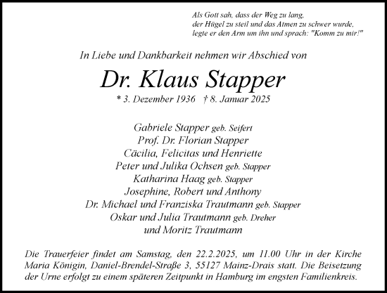 Traueranzeige von Klaus Stapper von Allgemeine Zeitung Mainz