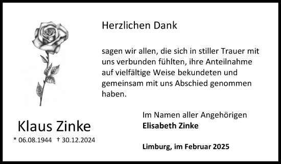 Traueranzeige von Klaus Zinke von Nassauische Neue Presse