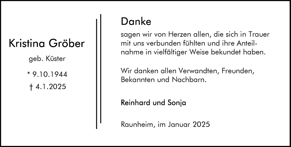  Traueranzeige für Kristina Gröber vom 01.02.2025 aus Rüsselsheimer Echo