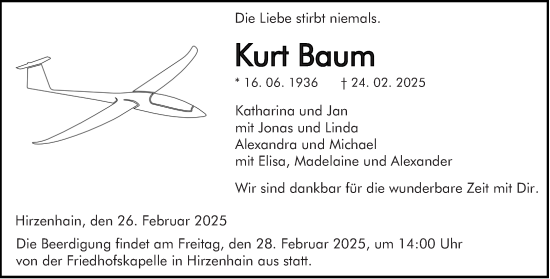 Traueranzeige von Kurt Baum von Dill Block