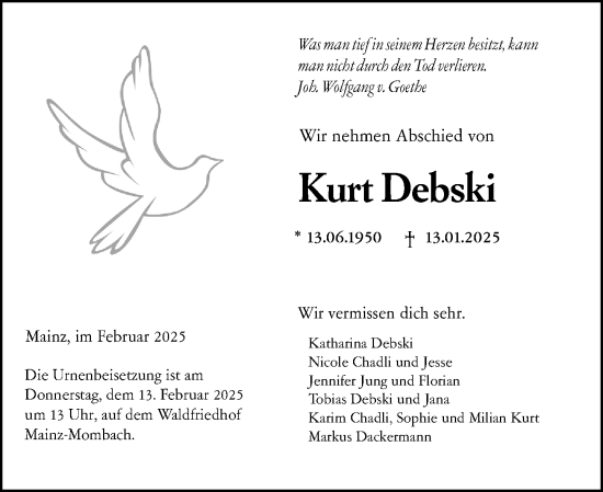 Traueranzeige von Kurt Debski von Allgemeine Zeitung Mainz