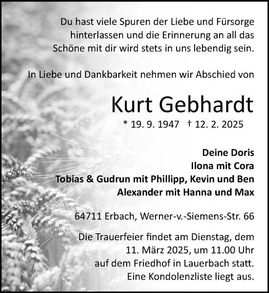 Traueranzeige von Kurt Gebhardt von Odenwälder Echo