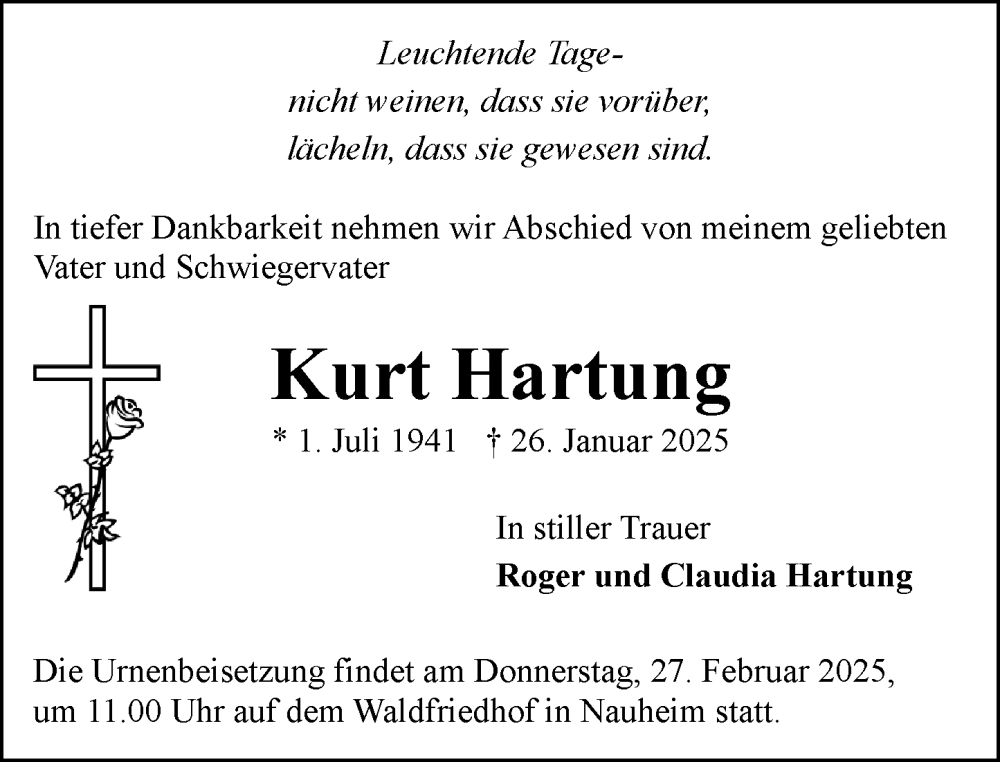  Traueranzeige für Kurt Hartung vom 22.02.2025 aus Rüsselsheimer Echo