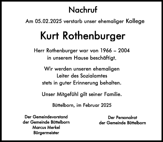 Traueranzeige von Kurt Rothenburger von Groß-Gerauer Echo