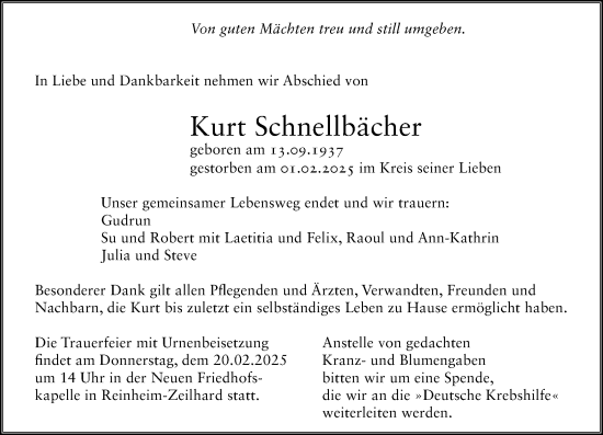 Traueranzeige von Kurt Schnellbächer von Darmstädter Echo