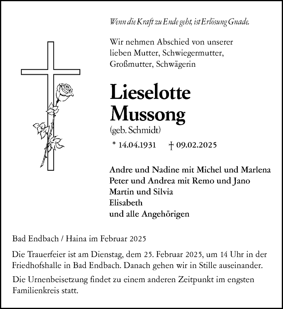  Traueranzeige für Lieselotte Mussong vom 21.02.2025 aus Hinterländer Anzeiger