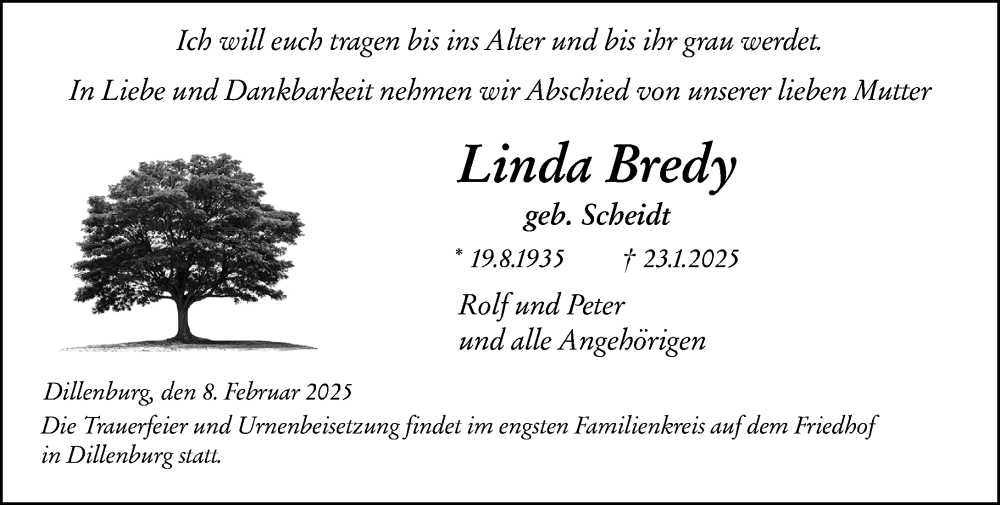  Traueranzeige für Linda Bredy vom 08.02.2025 aus Dill Block