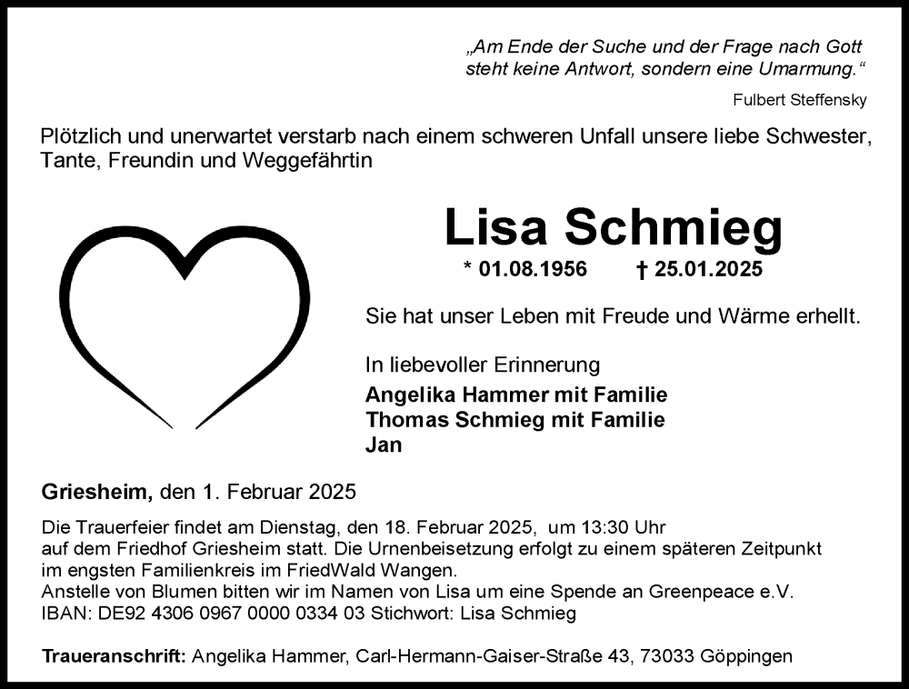  Traueranzeige für Lisa Schmieg vom 01.02.2025 aus Darmstädter Echo