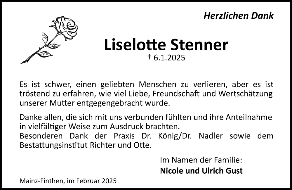  Traueranzeige für Liselotte Stenner vom 08.02.2025 aus Allgemeine Zeitung Mainz