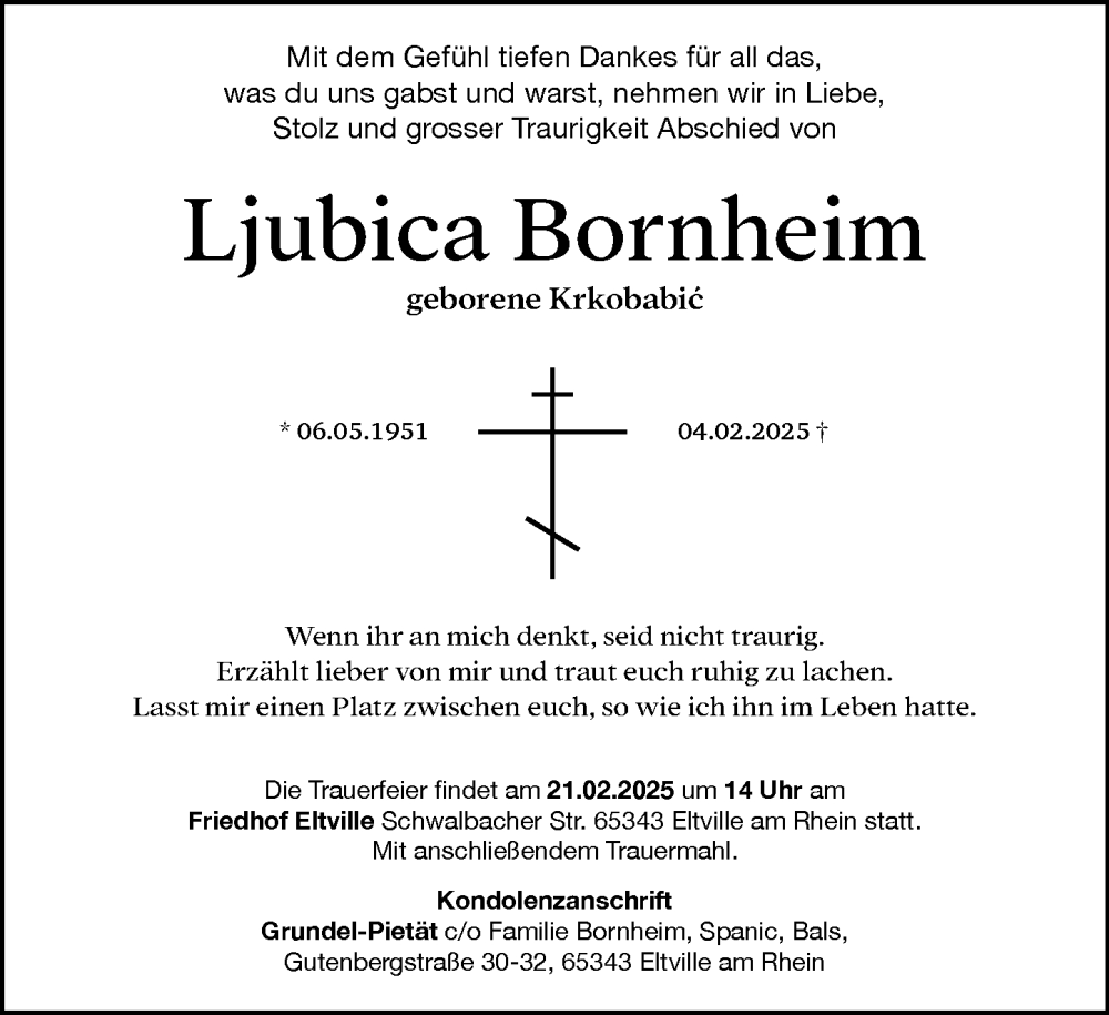  Traueranzeige für Ljubica Bornheim vom 15.02.2025 aus Wiesbadener Kurier