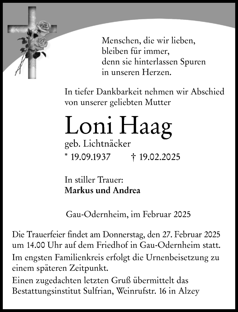  Traueranzeige für Loni Haag vom 24.02.2025 aus Allgemeine Zeitung Alzey