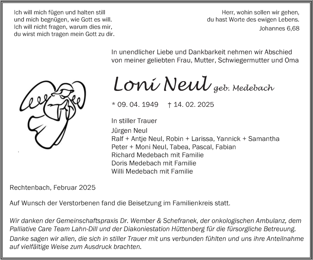  Traueranzeige für Loni Neul vom 21.02.2025 aus Wetzlarer Neue Zeitung