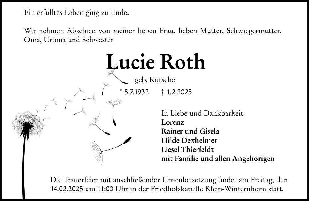  Traueranzeige für Lucie Roth vom 08.02.2025 aus Allgemeine Zeitung Mainz
