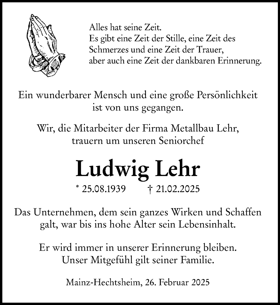  Traueranzeige für Ludwig Lehr vom 27.02.2025 aus Allgemeine Zeitung Mainz